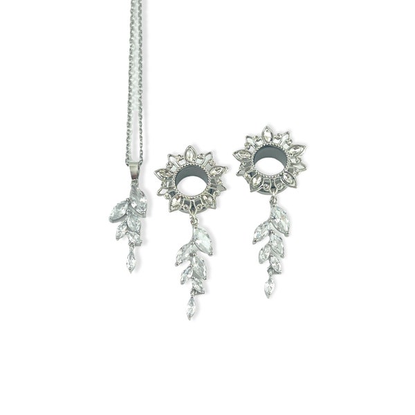Conjunto de boda con collar de calibres colgantes de cristal de plata de 6 mm - 25 mm, túneles de 2 g, 0 g, 00 g, 8 mm, 10 mm, 12 mm, 16 mm, 19 mm y 22 mm, pendientes de novia con calibre de hojas.