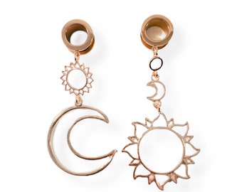 Rose Gold Sun Moon Dangle Gauged Earrings Lightweight Tunnels Screw back 2g - 25mm Piercing Gauge Hanging 0g 00g 12mm 14mm 16mm 18 19mm 22mm