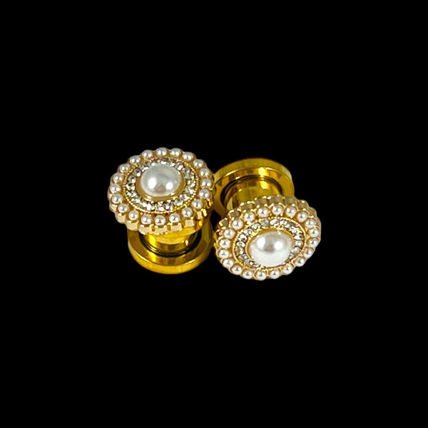 Gold Pearl Gauges Rhinestone Studs 6mm - 14mm 8mm 10mm 12mm 0g 00g Gauged Earrings Fancy Bride Wedding Plugs Rhinestones Pearls Elegant