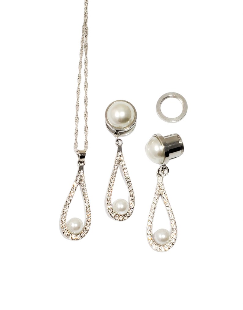 Vintage Wedding Gauges Jewelry Set Silver Pearl Crystal 6mm Etsy