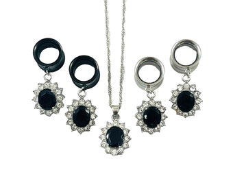 Your Choice Black Silver Dangle Gauges Necklace Set 6mm - 25mm Wedding Crystal 2g 0g 00g 8mm 10mm 12mm 14mm 19mm 22mm Gauge Earrings Tunnel