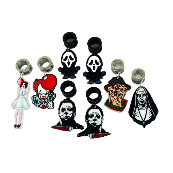 Horror Movie Dangle Gauges Mix and Match Your Choice Color and Style 6mm - 25mm Silver Black Gauge Halloween Wedding Screw back 2g 0g 00g