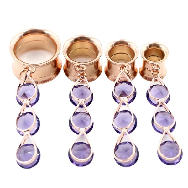 Rose Gold Purple Crystal Dangle Gauges Tunnels 2g 0g 00g 6mm 8mm 10mm 12mm 14mm 16mm 19mm 22mm 25mm Wedding gauge earrings hanging plugs