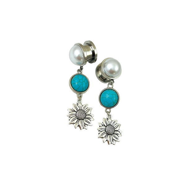 Silver Turquoise Sunflower Dangle Gauges 6mm - 19mm Pearl Plug earrings White Ivory Pearls Wedding Bride Bridal 8mm 10mm 12mm 16mm 2g 0g 00g