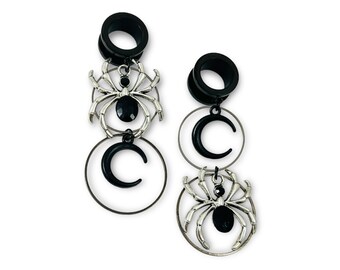 Spider Moon Dangle Gauges 2g - 25mm Black Stones Silver Dangles Tunnels Screw back Plugs for Ears Moons 6mm 8mm 10mm 12mm 0g 00g Gothic XL