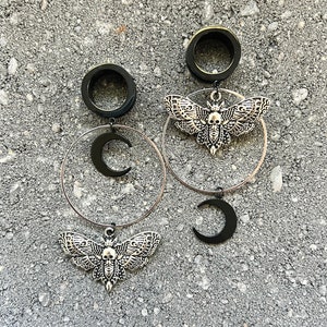 Black Silver Moth Moon Dangle Gauges 6mm 25mm Dangles Screw back Tunnels for Ears Moons 8mm 10mm 12mm 14mm 16mm 19mm 2g 0g 00g Death Moths image 1