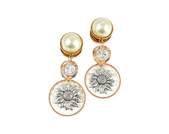 Rose Gold Pearl Sunflower Crystal Dangle Gauges 6mm - 19mm Plug earrings Elegant Fancy Wedding Bride Bridal 8mm 10mm 12mm 14mm 16 2g 0g 00g