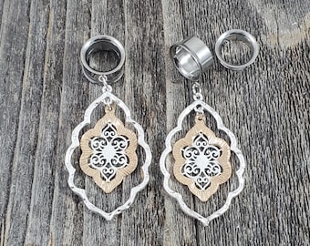 Silver Gold Dangle Gauges Filigree Moroccan Dangles Tunnels Hanging Choose Size 0g - 25mm Screw back Hollow Statement Plugs for Ears Tunnel