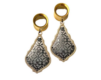 Gold Black Filigree Teardrop Gauged Tunnels 2g - 25mm 0g 00g 8mm 10mm 12mm 16mm Dangle Hanging Earrings Gauges Wedding Gauge Plugs for Ears