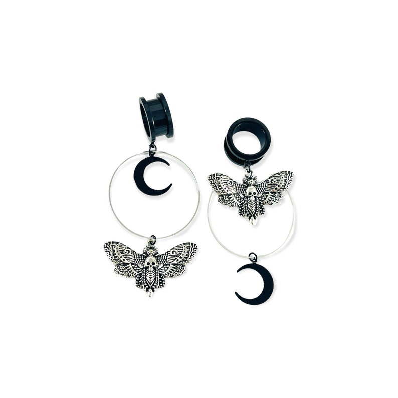 Black Silver Moth Moon Dangle Gauges 6mm 25mm Dangles Screw back Tunnels for Ears Moons 8mm 10mm 12mm 14mm 16mm 19mm 2g 0g 00g Death Moths image 3