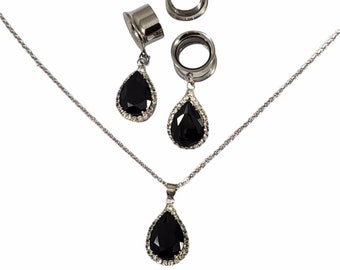 Silver Black CZ Dangle Gauges Tunnels 6mm - 25mm Teardrop Water Drop Cubic Zirconia Wedding Jewelry Sets Earrings Necklace Dangles Gauge