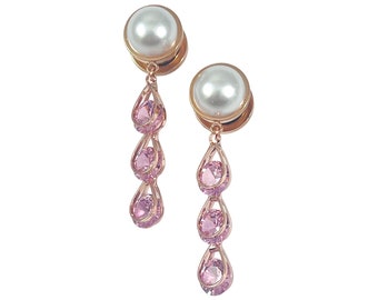 Pearl Rose Gold Pink Crystal Dangle Plugs PAIR White Ivory Gauges Tunnels Wedding 2g 0g 00g 12mm 14 16mm 19mm 22mm 25 mm Screw back Fancy