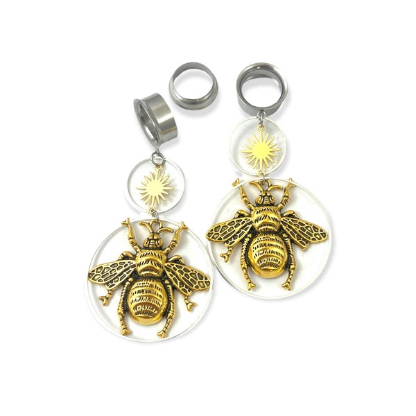Silver Gold Bee Sun Hoop Dangle Gauges 2g - 25mm Dangles Tunnels Hanging Screw back Plugs for Ears Flower Save the Bees Hoops 6mm 8mm 10mm