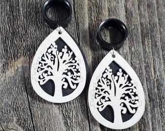 Black and White Wood Tree of Life Dangle Gauged Earrings 6mm - 25mm  Screw back Tunnels Plugs Gauge Gauged 2g 0g 00g 8mm 10mm 12mm 14mm 16mm