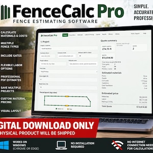 May include: A laptop screen displaying FenceCalc Pro fence estimating software with a project quote summary, material lists, and a fence layout diagram. The interface includes fields for project details, fence type, height, and cost calculations.