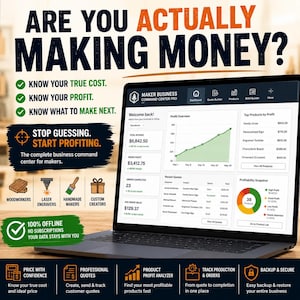 May include: A laptop displaying the Maker Business Command Center Pro dashboard with financial charts, profit overviews, and order data. The screen shows text including ARE YOU ACTUALLY MAKING MONEY, STOP GUESSING, START PROFITING, and 100% OFFLINE.