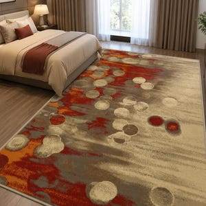 Alfombra de lana tejida a mano, moderno estampado circular abstracto en terracota, alfombra de lujo para dormitorio.