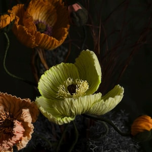 May include: Close-up of several artificial poppy flowers in shades of orange, peach, and yellow-green. The flowers have textured petals and dark centers, with stems and buds visible against a dark background. The arrangement evokes a natural, artistic aesthetic.