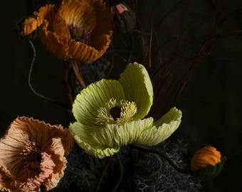 May include: Close-up of several artificial poppy flowers in shades of orange, peach, and yellow-green. The flowers have textured petals and dark centers, with stems and buds visible against a dark background. The arrangement evokes a natural, artistic aesthetic.
