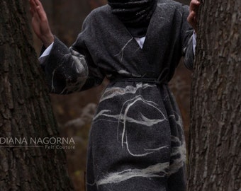 Gray felted coat, natural wool coat, felted kimono