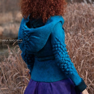 Bright turquoise coat with a hood, felted jacket, bohemian style, festival wear, colorful short wool coat, blue, shibori jacket