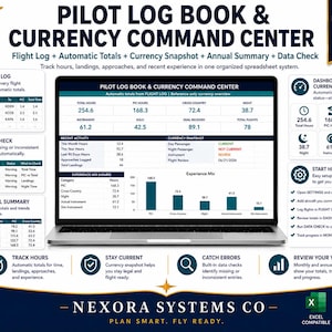May include: A digital download Pilot Log Book and Currency Command Center spreadsheet system displayed on a laptop screen. The interface features flight logs, automatic totals, currency snapshots, annual summaries, and data check tools for tracking flight hours, landings, and approaches.