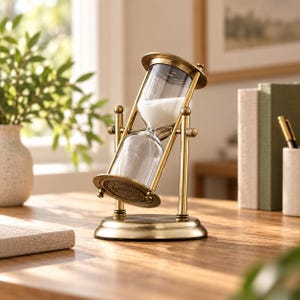May include: An antique-style hourglass with a brushed brass frame and clear glass bulbs containing white sand. The hourglass is mounted on a rotating swivel mechanism attached to a circular base, featuring decorative engravings on the metal plates.
