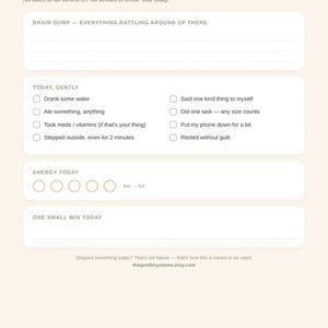 Puede incluir: Una lista de control digital de color crema titulada Gentle Progress Checklist con secciones para notas, tareas diarias, niveles de energía y un pequeño logro. El diseño incluye casillas de verificación para actividades y campos de texto.
