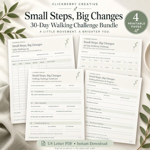 Può includere: Un set di 4 pagine stampabili per una sfida di camminata intitolato Small Steps, Big Changes. Il kit include un registro giornaliero, un tracker di 30 giorni, una dashboard e una pagina di riflessione, con un design minimalista.