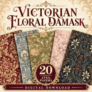 May include: A collection of five digital papers featuring Victorian floral damask patterns in red, blue, green, pink, and black. The text reads Victorian Floral Damask, 20 JPEG Papers, and Digital Download. The designs include intricate botanical motifs.