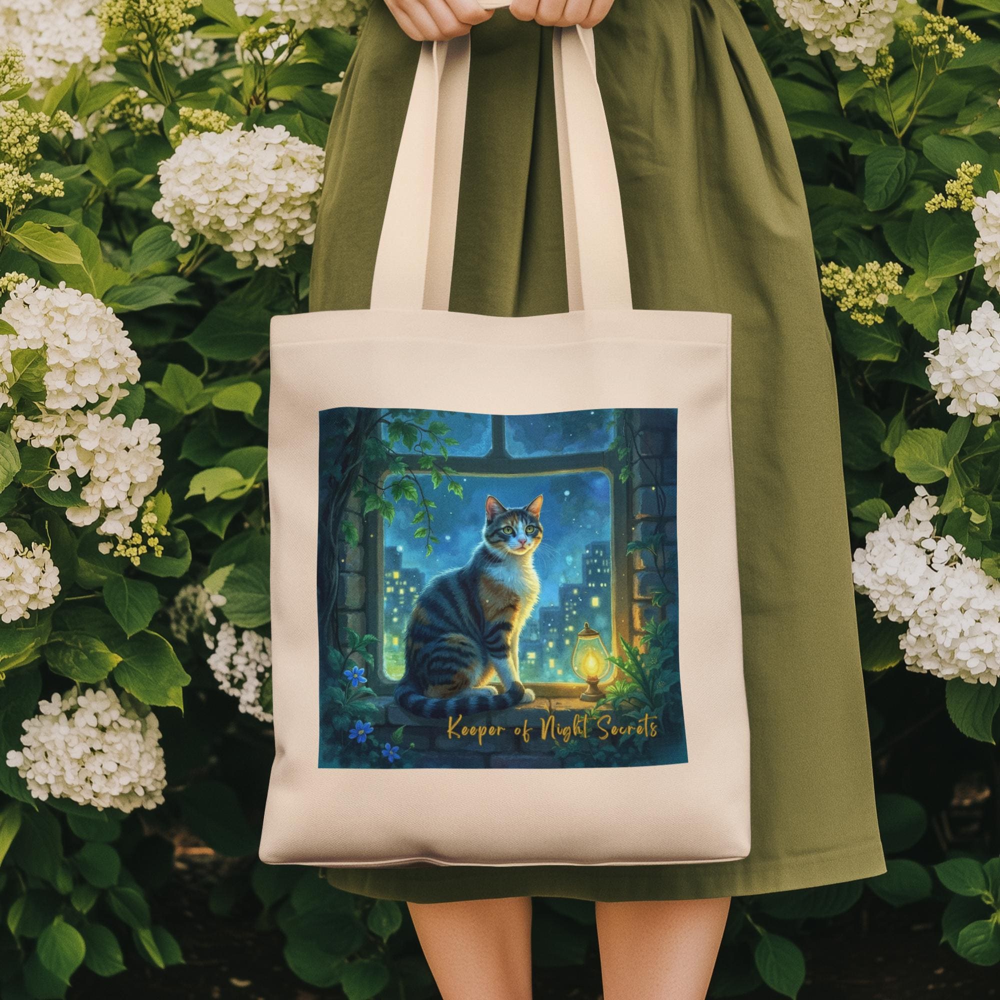 Watercolor Cat Tote Bag, Night Owl Gift, Cozy Cat Tote, Cat Mom Gift, Calico Cat Gift, Moonlight Cat