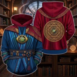 Peut inclure: Un sweat-shirt à capuche à manches longues avec un motif bleu et rouge. L'avant présente une amulette dorée en forme d'œil et des motifs bleus. Le dos arbore un grand emblème géométrique circulaire doré avec des runes sur fond rouge.