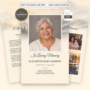 Op de afbeelding: Een sjabloon voor een uitvaartprogramma met een portret van een oudere vrouw met grijs haar, de tekst In Loving Memory, Elizabeth Mary Harrow, de data 14 maart 1946 - 2 augustus 2026 en details voor een uitvaartmis in St. Brigid's Church.