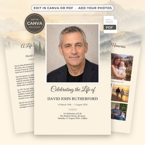 May include: A funeral programme template featuring a portrait of a man, the text Celebrating the Life of DAVID JOHN RUTHERFORD, dates 14 March 1946 - 2 August 2026, and event details. The design includes a mountain landscape background and photo placeholders.