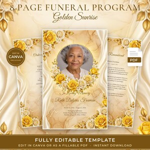 Yellow and Gold Funeral Program Template, 8 Page Memorial Booklet, Editable Canva (PDF)