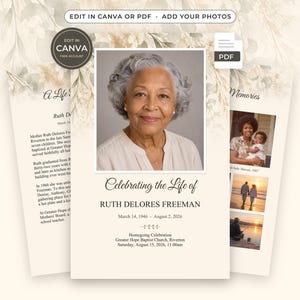 May include: A funeral programme template featuring a portrait of an older person with grey hair, the text Celebrating the Life of RUTH DELORES FREEMAN, dates 14 March 1946 - 2 August 2026, and event details, set against a soft beige background with floral accents.
