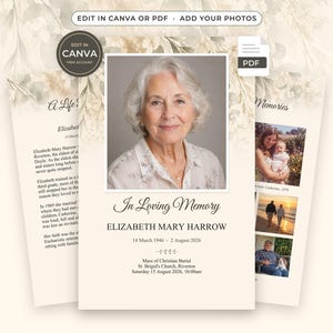 May include: A funeral program template featuring a central portrait of an older person with white hair, the text In Loving Memory, Elizabeth Mary Harrow, dates, and service details, accented by soft beige botanical illustrations.