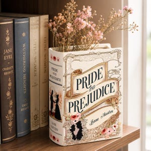 May include: A ceramic book-shaped vase featuring the title Pride and Prejudice by Jane Austen on the front and spine. The cream-colored surface displays ornate gold scrollwork, floral illustrations, and a silhouette of a couple. Dried pink flowers emerge from the top.