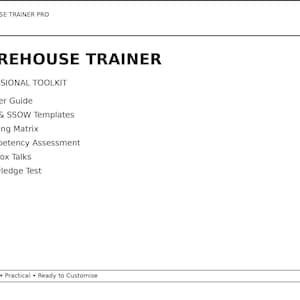 May include: A white document titled WAREHOUSE TRAINER PRO and WAREHOUSE TRAINER PROFESSIONAL TOOLKIT. It lists a Trainer Guide, SOP & SSOW Templates, Training Matrix, Competency Assessment, Toolbox Talks, and Knowledge Test. Bottom text reads Editable, Practical, Ready to Customise.