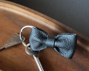 Leather keychain, short black leather keychain, small gift for women, bow bag charm, sustainable upcycling