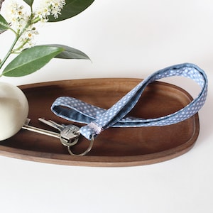 Long narrow lanyard sewn from dotted fabric, keychain for women & girls