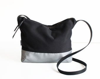 Simple shoulder bag made of black & silver fabric, gift for women