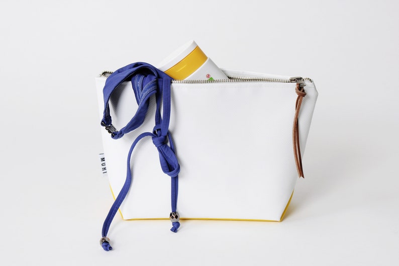 Pu&ograve; includere: Una pochette con zip bianca e gialla con una tracolla in tessuto blu e un tiretto in pelle marrone. La pochette ha la scritta "MURI" stampata sul lato.