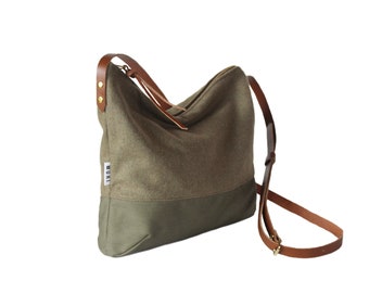 Robust shoulder bag made of fabric, small, light with zipper and inner compartment, minimalist women's handbag with leather strap in olive green