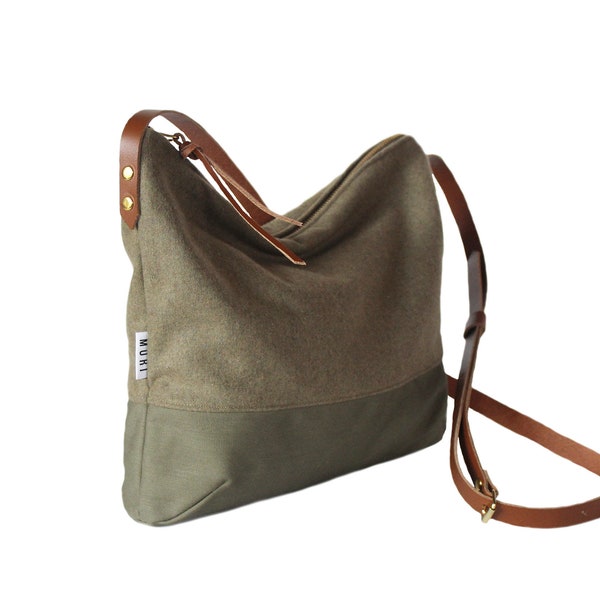 Robuste Umhängetasche aus Stoff, klein leicht mit Reißverschluß & Innenfach, minimalistische Damen Handtasche mit Ledergurt in oliv grün