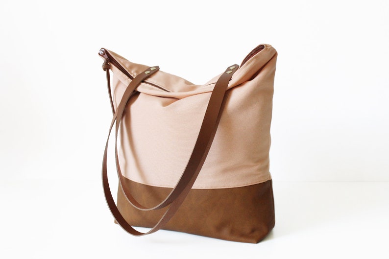 Tote bag brown leather apricot fabric zipper bags shoulder Etsy