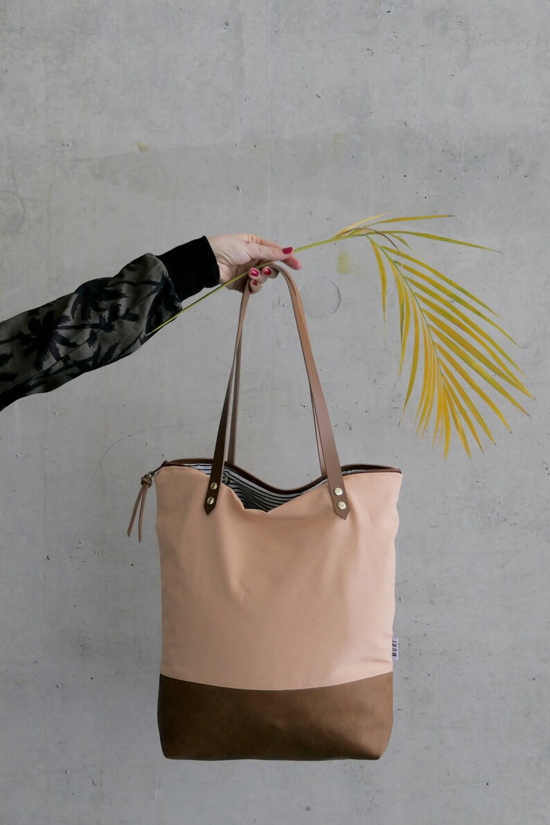 Tote bag brown leather apricot fabric zipper bags shoulder Etsy