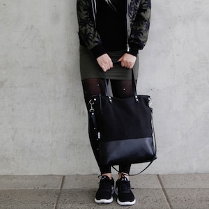 Large shoulder bag, shopper made of fabric and leather, black women's handbag