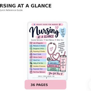Peut inclure: Un guide de poche rectangulaire intitulé Nursing at a Glance sur fond blanc avec des accents pastel. Il présente une liste de sujets infirmiers, un stéthoscope rose, une pile de trois livres et un gobelet rose avec le texte Fueled by Caffeine.