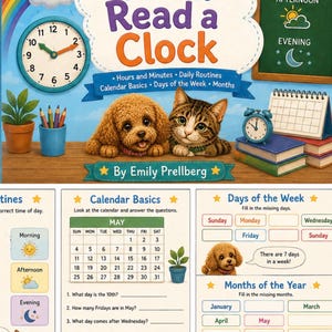 May include: A children's educational book titled Chloe & Fig Learn to Read a Clock by Emily Prellberg. The cover features a clock, a calendar, a puppy, and a kitten. The interior pages show a May calendar, days of the week, and months of the year.